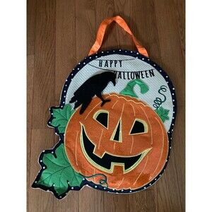 Happy Halloween Pumpkin Wall Hanging with Crow –Fabric Décor Fall Decoration